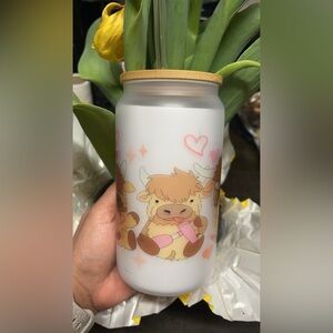Glass cup with sublimation Cow design.